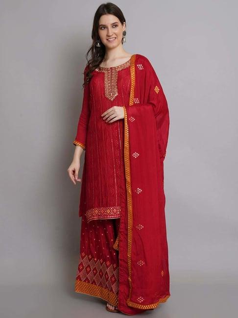 stylee lifestyle red embellished unstitched dress material