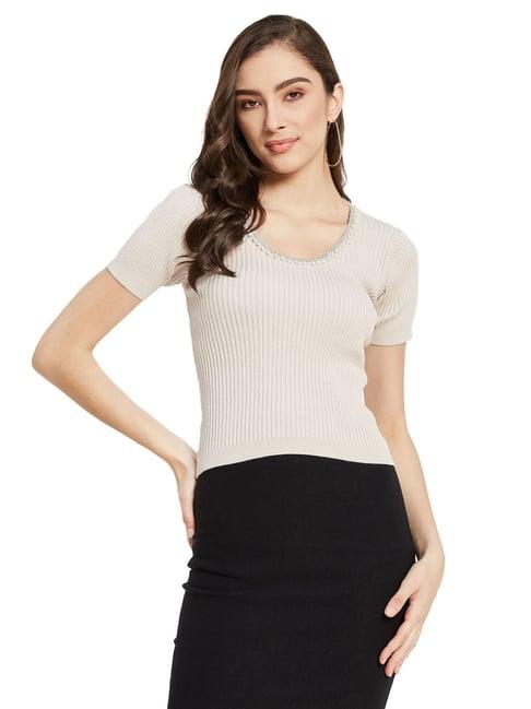 mettle beige cotton embellished crop t-shirt