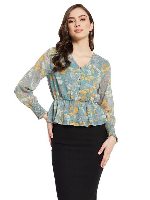 mettle green cotton floral print peplum top