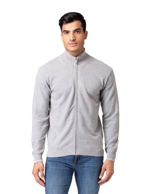 allen cooper grey regular fit textured zipper sweater