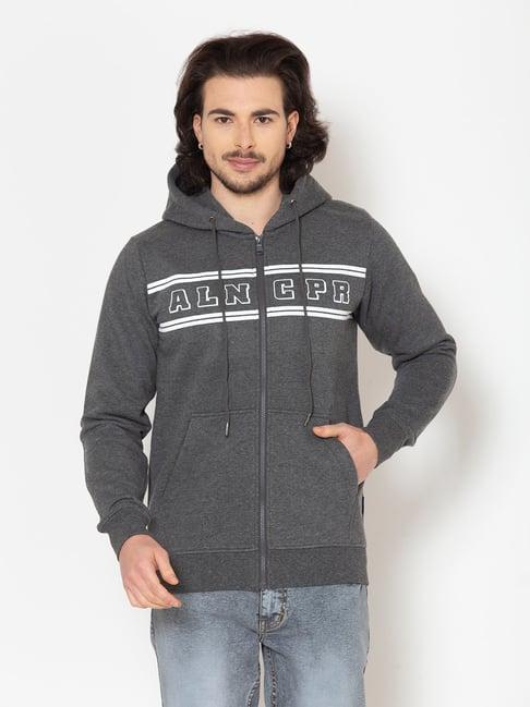 allen cooper grey regular fit graphic print hooded sweatshirt