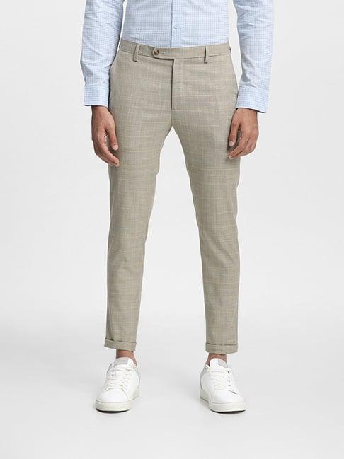 wes formals by westside checked beige carrot fit trouser