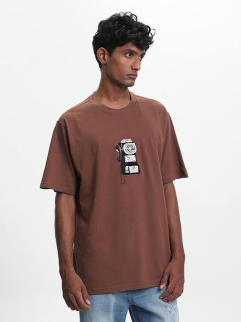 nuon by westside printed brown relaxed fit t-shirt