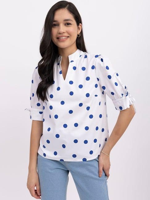 fablestreet white & blue cotton polka dot top