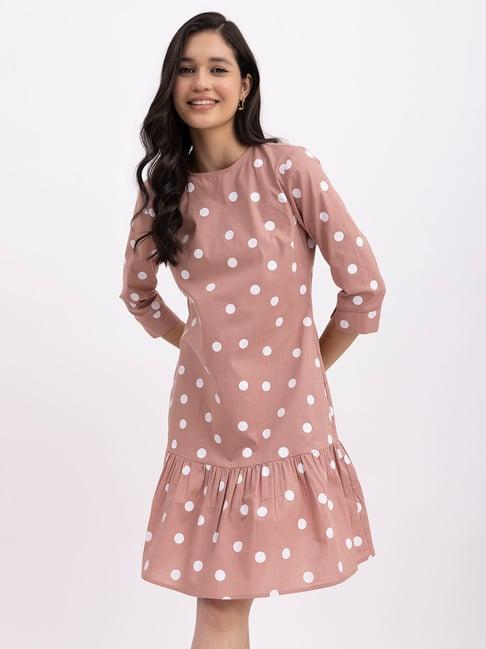 fablestreet dusty pink & white linen polka dot a line dress