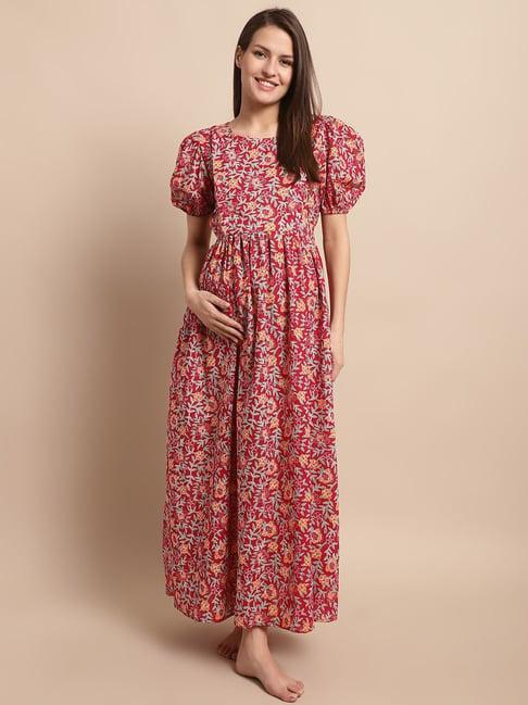 secret wish red cotton floral print maternity night dress