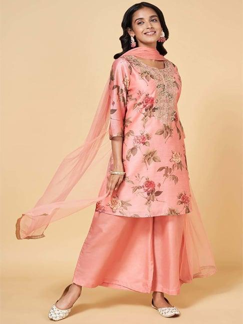 rangmanch by pantaloons peach printed kurti palazzo set with dupatta