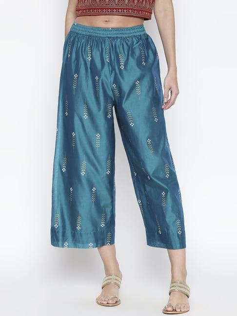 rangmanch by pantaloons teal blue printed palazzos