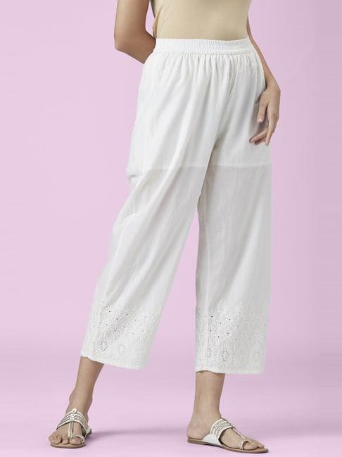 rangmanch by pantaloons white cotton embroidered palazzos