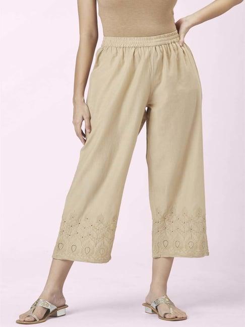 rangmanch by pantaloons beige cotton embroidered palazzos