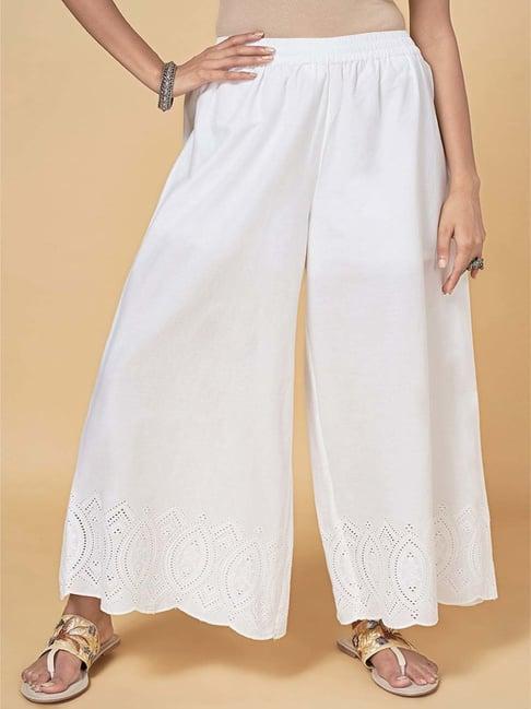 rangmanch by pantaloons white cotton embroidered palazzos