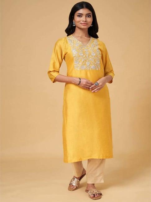 rangmanch by pantaloons mustard embroidered straight kurta