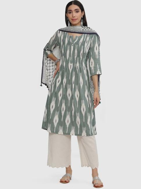 biba green cotton woven pattern a line kurta with dupatta