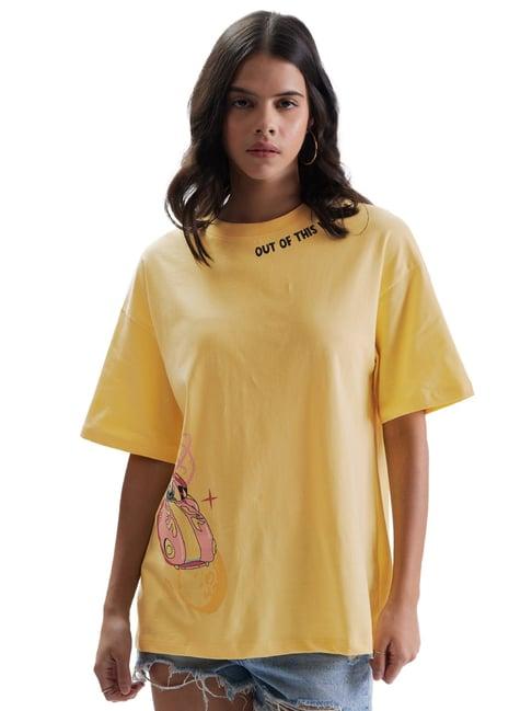 the souled store yellow cotton graphic print t-shirt