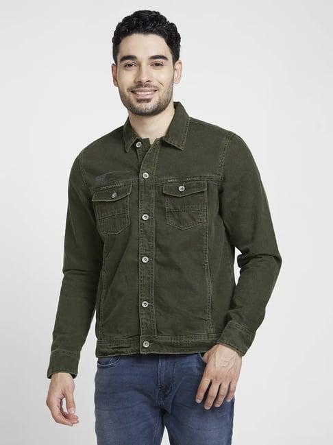 spykar dark olive cotton regular fit denim jackets