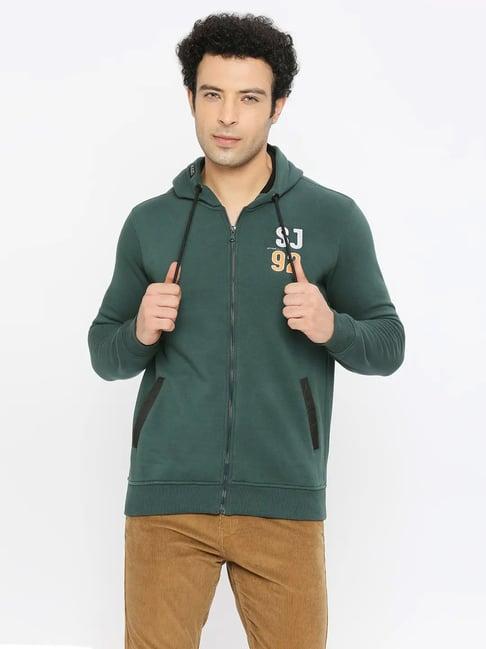 spykar forest green  regular fit hooded sweatshirt