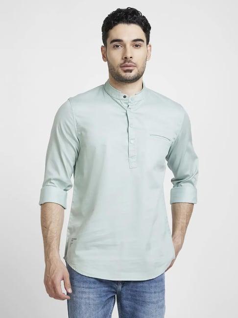 spykar sage green cotton slim fit short kurta