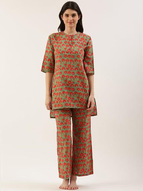 clt.s teal & red cotton floral print kurta with palazzos