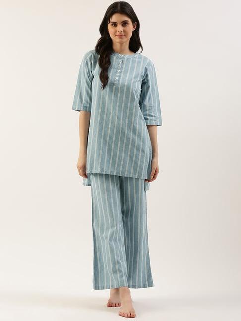 clt.s blue cotton striped kurta with palazzos