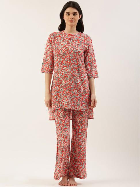 clt.s red floral print kurta with palazzos