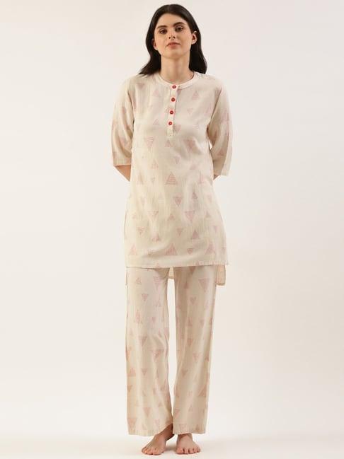 clt.s cream cotton printed kurta with palazzos