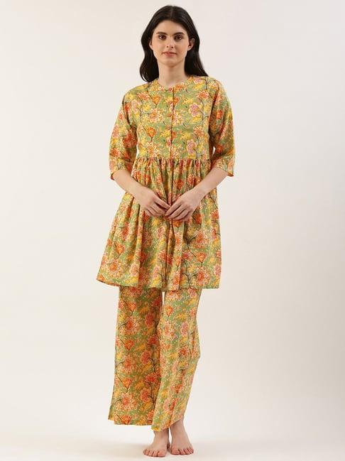 clt.s green & yellow cotton floral print kurta with palazzos