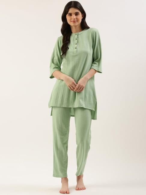 clt.s sage green cotton striped kurta with pyjamas