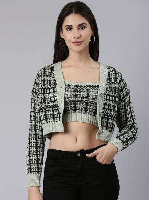 showoff sea green & black crochet pattern front-open cropped sweater