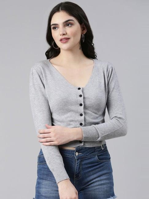 showoff grey front-open cropped sweater