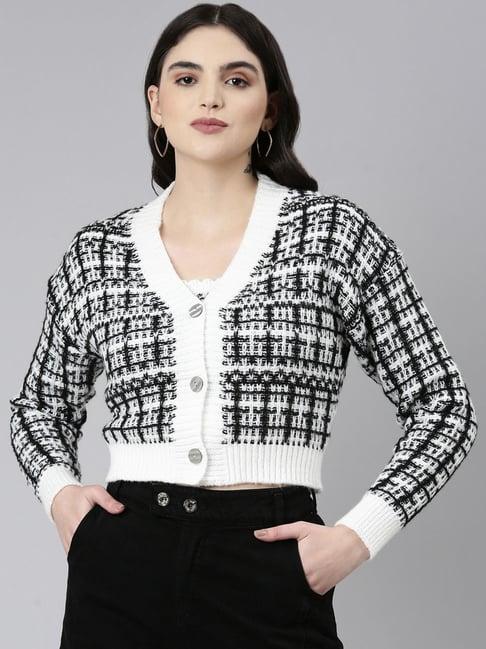 showoff white & black crochet pattern front-open cropped sweater