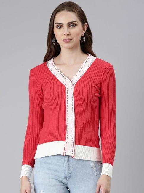 showoff coral v-neck front-open sweater