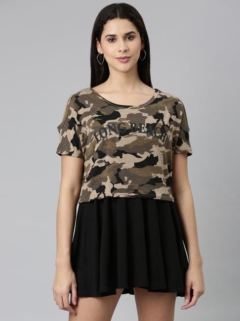 showoff black & brown cotton camouflage skater dress with top