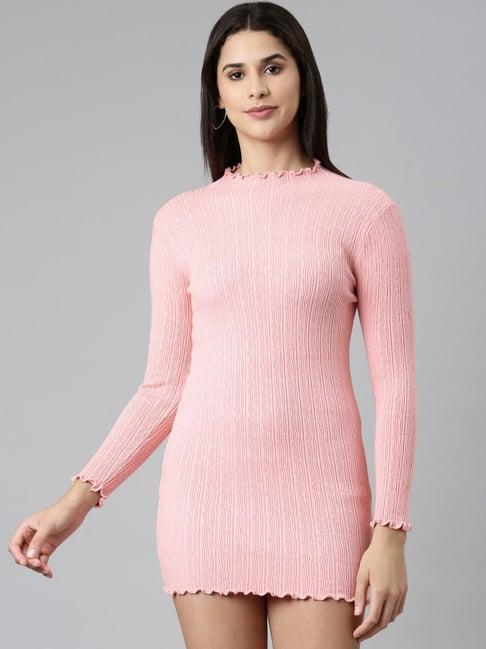 showoff pink crochet pattern bodycon dress