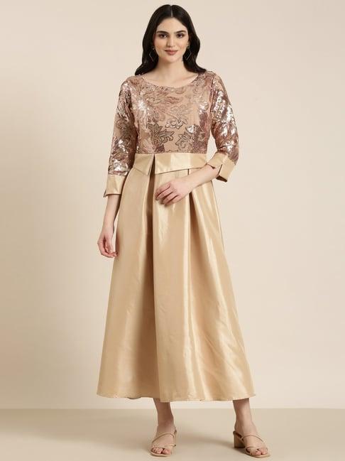 showoff beige embellished a-line dress