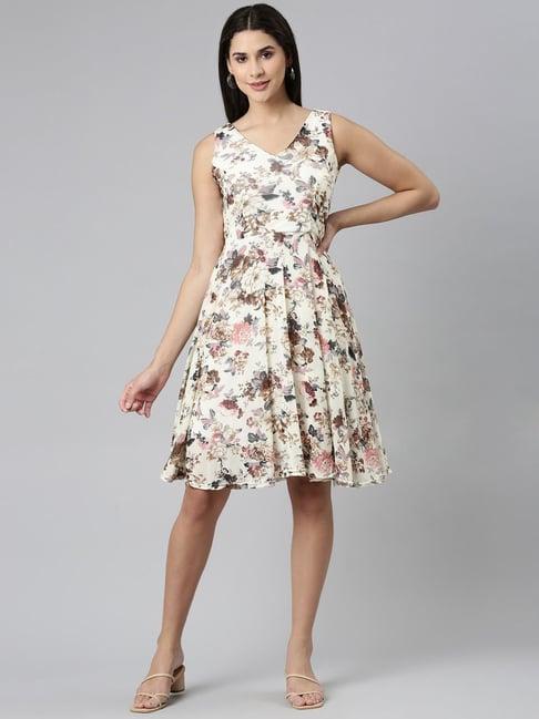 showoff cream floral print a-line dress