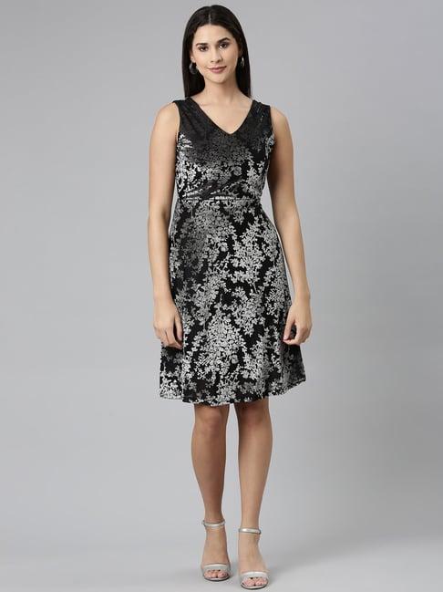 showoff black floral print a-line dress