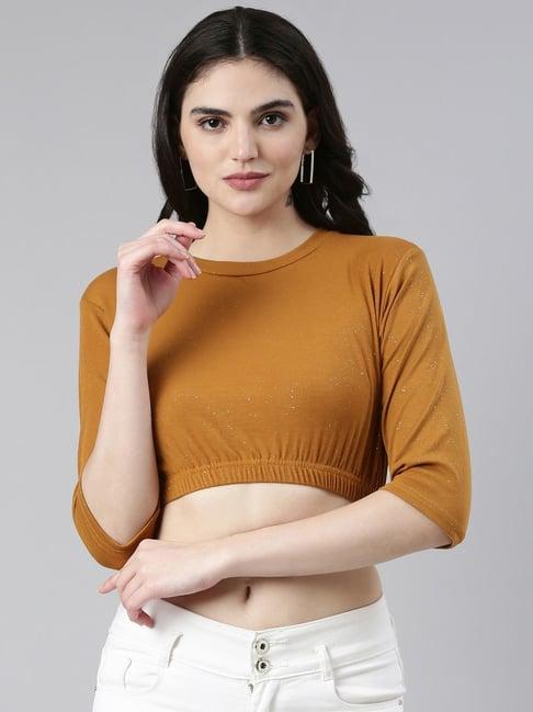 showoff mustard cotton embellished crop top