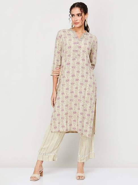 melange by lifestyle beige printed kurta pant set