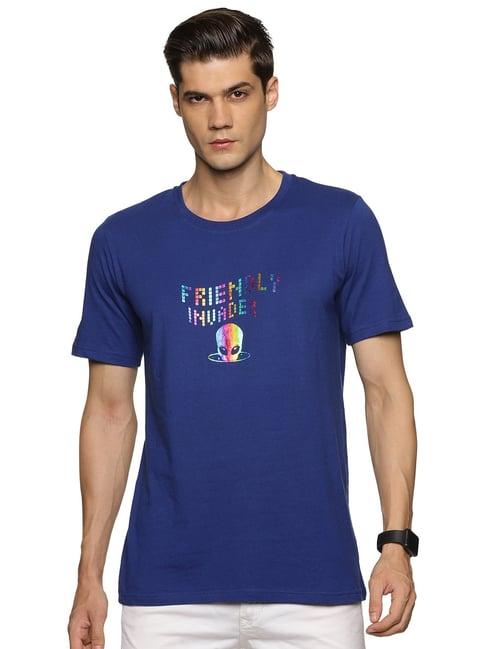 impackt blue slim fit printed cotton crew t-shirt