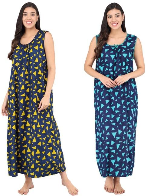 shararat blue & yellow cotton printed nighty - pack of 2