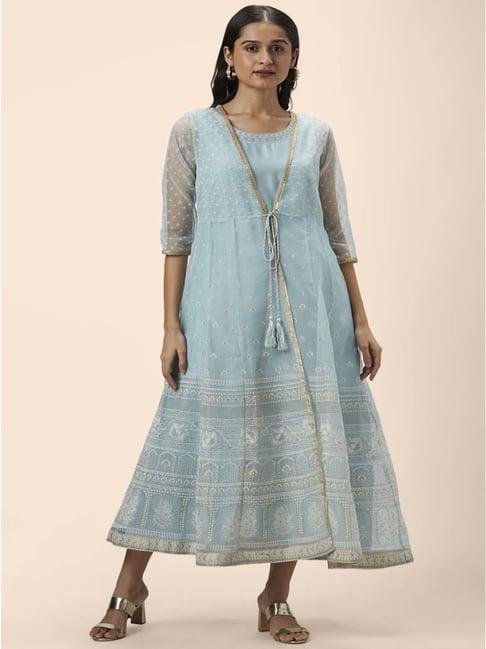 rangmanch by pantaloons blue printed a-line double layred dress