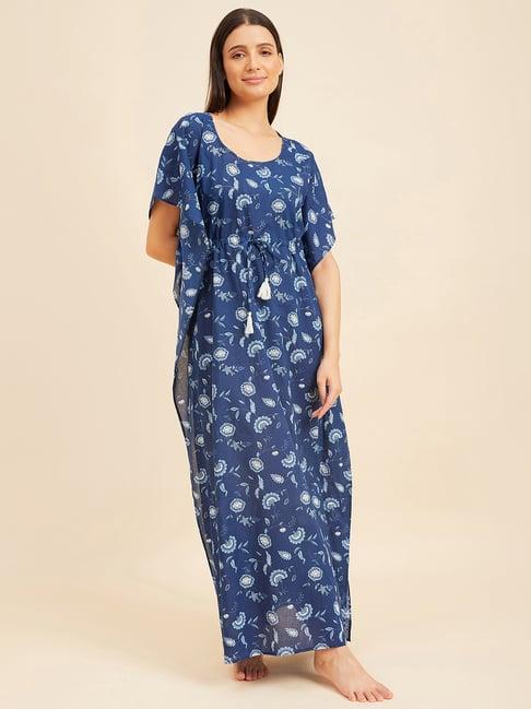 sweet dreams blue cotton floral print kaftan nighty