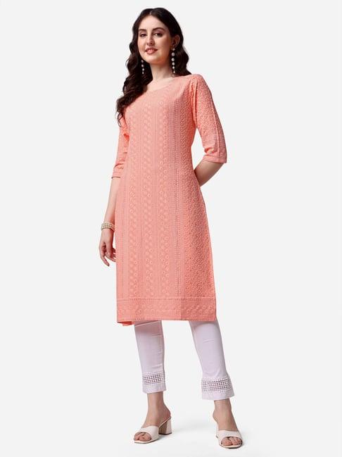 berrylicious peach rayon embroidered kurta