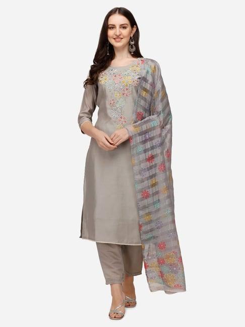 berrylicious grey embroidered kurta with pants & dupatta