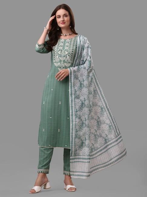 berrylicious dark green embroidered kurta with pants & dupatta