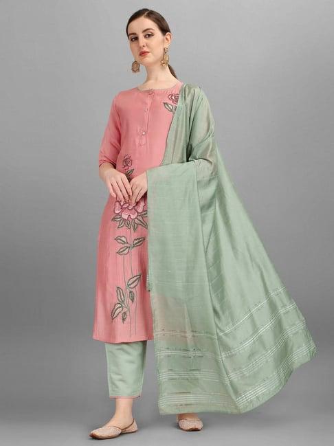 berrylicious pink & green embroidered kurta with pants & dupatta