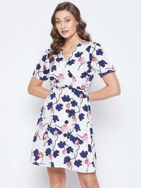 purys white & blue printed a-line dress