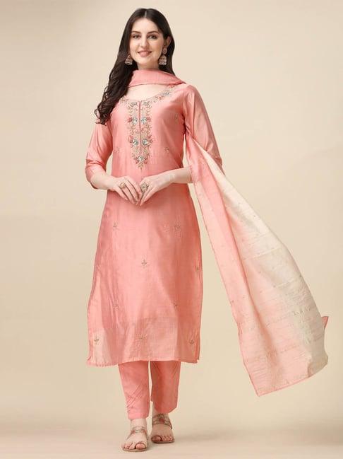 berrylicious pink chanderi embroidered kurta with pants & dupatta