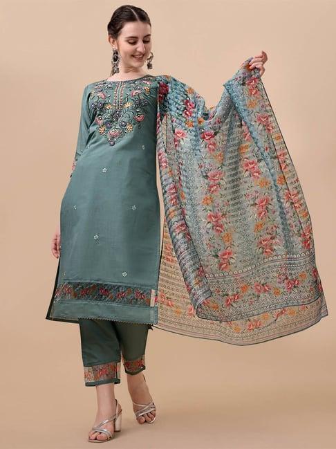 berrylicious green chanderi embroidered kurta with pants & dupatta