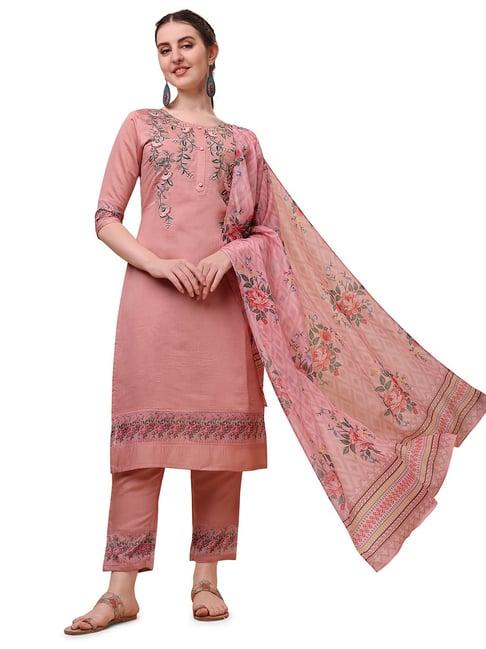 berrylicious pink chanderi embroidered kurta with pants & dupatta